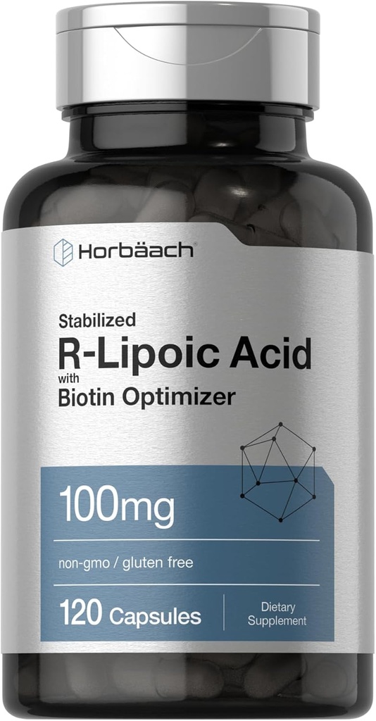 Horbaach R-Lipoic Acid 100 mg | 120 Capsules | Biotin Optimizer | Non-GMO, Gluten Free | Stabilized R-Lipoic Acid Supplement