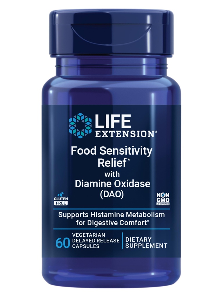Life Extension Food Hassasity Relief with Diamine Oxidase (DAO), Occasional Gas, Digestive Comfort, histamine Hassasiyet, DAO Enzyme Supplement, Gluten Free, Non-GMO, Vegetarian, 60 Capsulesional Gas, Digestive Comfort, histamine Hassasiyet, DAO Enzyme Supplement, Gluten Free, Non-GMO, Vegetarian, 60 Capsules