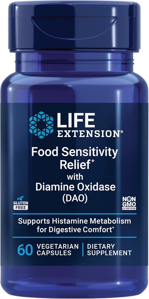 Life Extension Food Hassasity Relief with Diamine Oxidase (DAO), Occasional Gas, Digestive Comfort, histamine Hassasiyet, DAO Enzyme Supplement, Gluten Free, Non-GMO, Vegetarian, 60 Capsulesional Gas, Digestive Comfort, histamine Hassasiyet, DAO Enzyme Supplement, Gluten Free, Non-GMO, Vegetarian, 60 Capsules