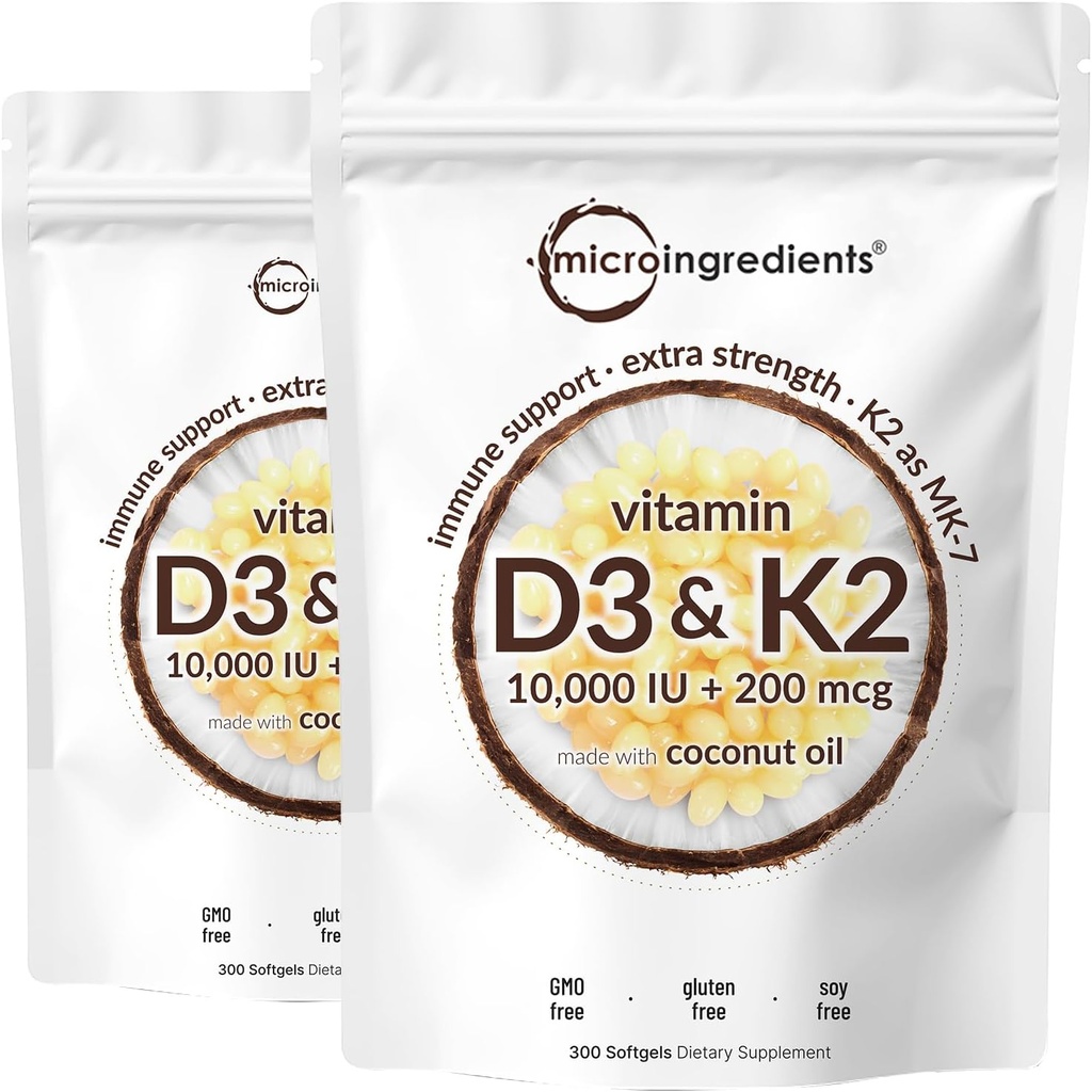 2 Pack Vitamin D3 10000 iu Plus K2 (MK-7) 200 mcg, 300 Virgin Coconut Oil Yumuşakgels | 1 Vitamin D & K Kompleks | Destekler Gıda Apsiyon, Bone, Immune, & Heart Health - Swallow
