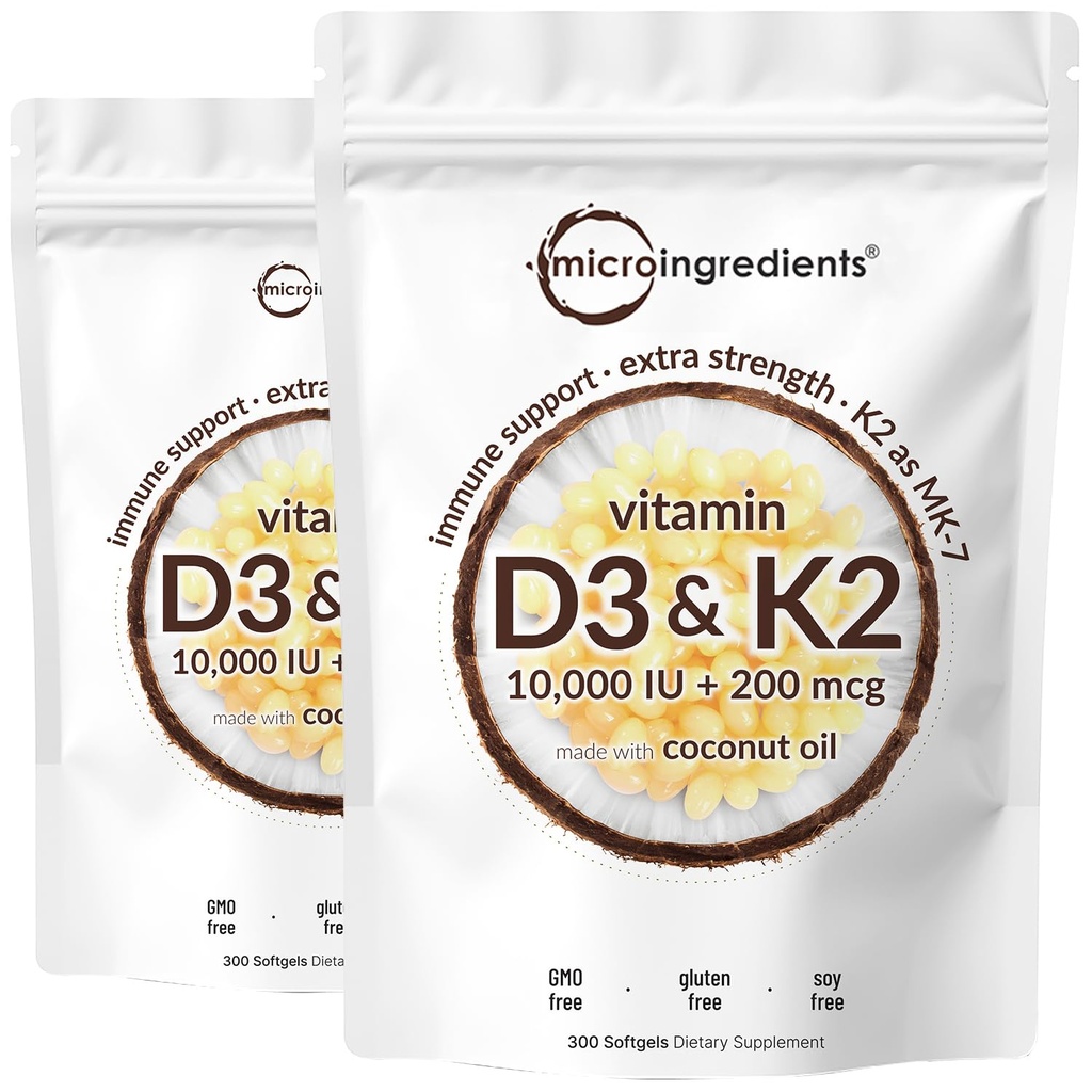 2 Pack Vitamin D3 10000 iu Plus K2 (MK-7) 200 mcg, 300 Virgin Coconut Oil Yumuşakgels | 1 Vitamin D & K Kompleks | Destekler Gıda Apsiyon, Bone, Immune, & Heart Health - Swallow