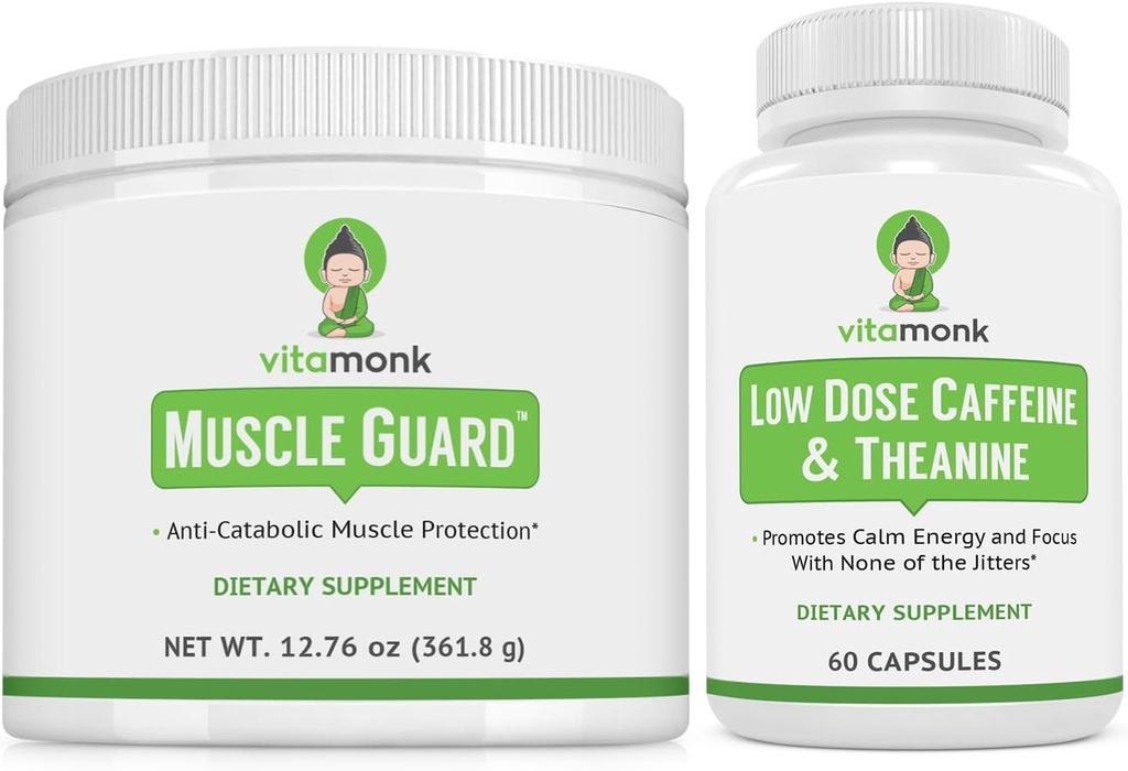 VitaMonk Kas Guard & Low Dose Caffeine Sche, HMB, EAAs, Vitamin D, Magnezyum for Muscle growth & Caffeine with L-Theanine, Smooth Energy Boost, Supplements for Men & Women, Muscle & Focus Support