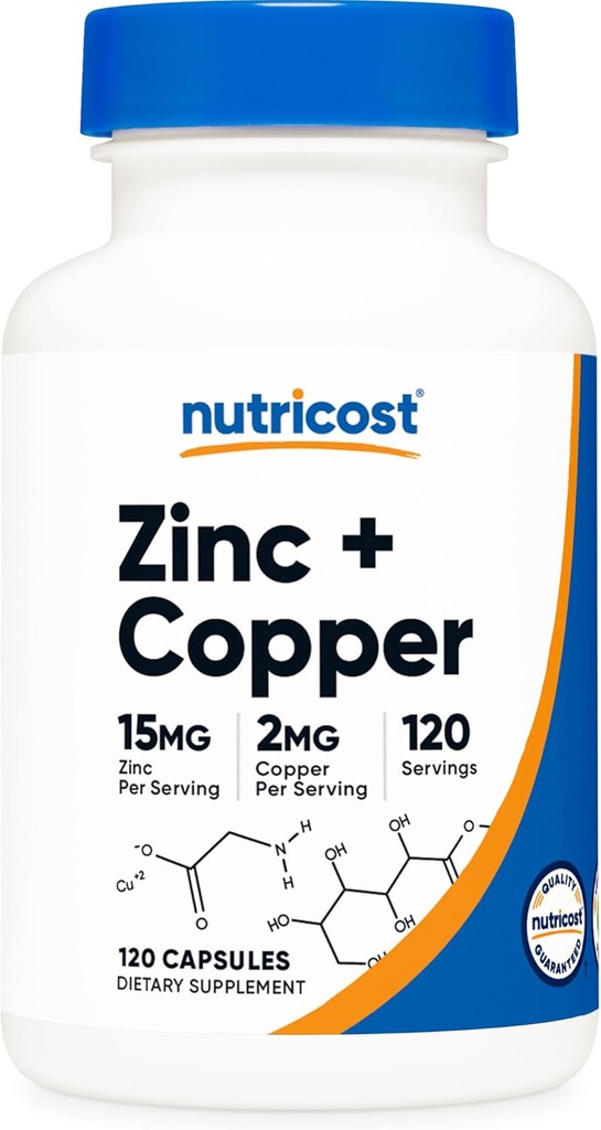 Nutricost ψευδάργυρος + κάψουλες χαλκού (120 σέρβις) (15MG ψευδάργυρος + 2MG χαλκός ανά υπηρεσία) - μη ΓΤΟ, χορτοφάγοι
