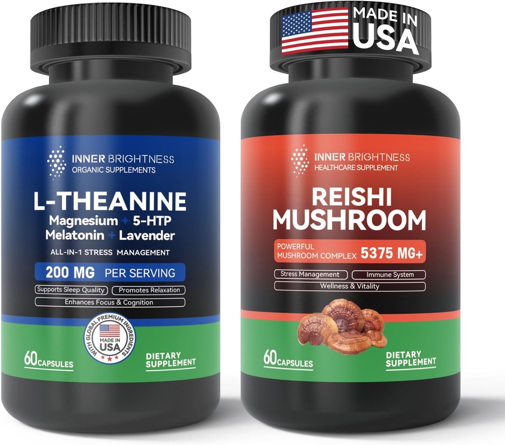 Reishi Mushroom Supplement with Cordyceps + L Theanine 200 mg, Magnezyum, 5-HTP & Melatonin for Sleep, Focus & Mood Support