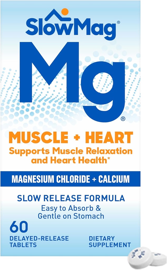 SlowMag Muscle + Heart Magnezyum Chloride withuba Supplement to Support Muscle Relaxation, Occasional Muscle Cramping & Heart Health, High Abxia, 60 Count