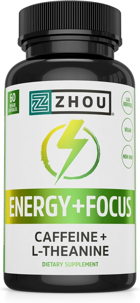 Zhou Energy + Focus - L Θεανίνη χάπια καφεΐνη, 200mg L-Θεανίνη, 100mg Φυσικό Ανυδρικό Caffeine Boost για Ενήλικες, Άνδρες & Γυναίκες, Αργή Εκτεταμένη Κυκλοφορία - 60 Κάψουλες Χορτοφαγικής (Pack of 1)