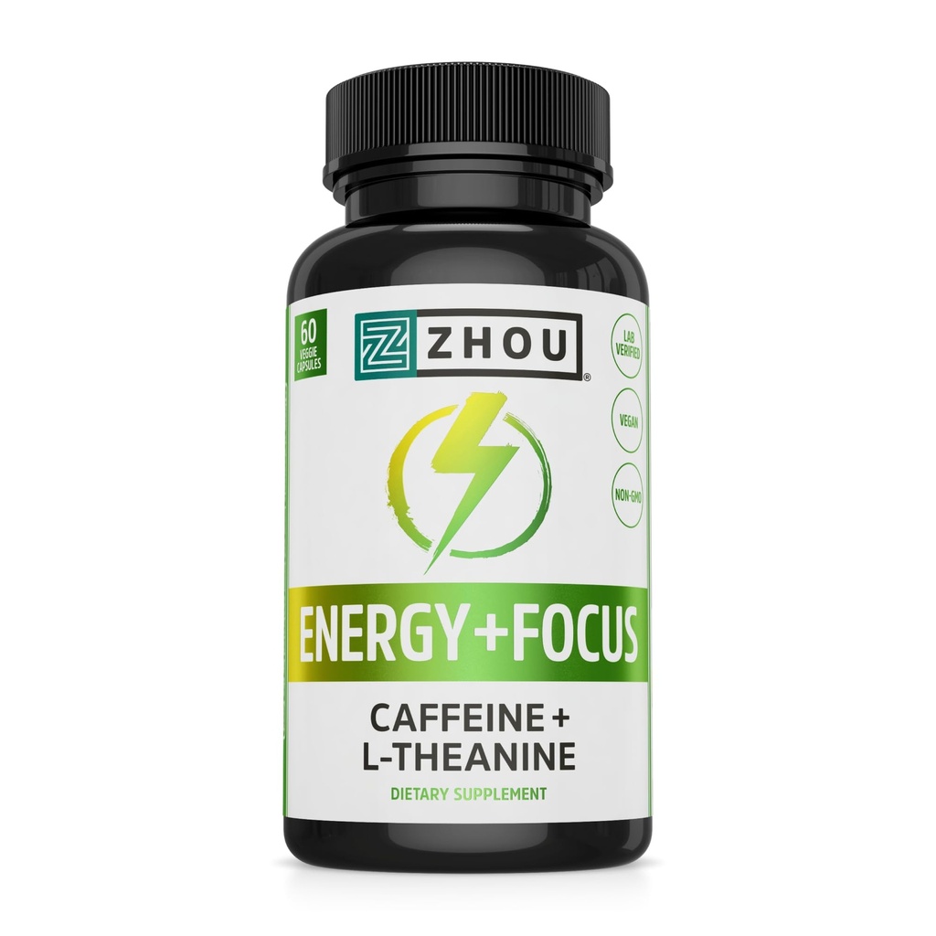 Zhou Energy + Focus - L Theanine Caffeine Pills, 200 mg L-Theanine, 100 mg Natural Anhidrus Caffeine Boost for Yetişkinler, Men & Women, Slow Extended Release - 60 Vegetarian Capsules (Pazarlama)