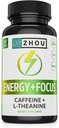 Zhou Energy + Focus - L Θεανίνη χάπια καφεΐνη, 200mg L-Θεανίνη, 100mg Φυσικό Ανυδρικό Caffeine Boost για Ενήλικες, Άνδρες & Γυναίκες, Αργή Εκτεταμένη Κυκλοφορία - 60 Κάψουλες Χορτοφαγικής (Pack of 1)