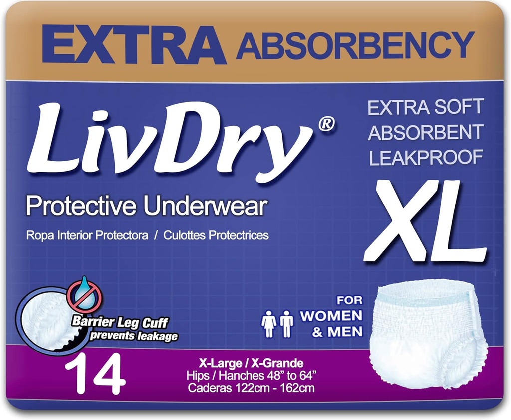 LivDry Adult XL Incontinence Underwear, Ekstra Absorbency Adult Diapers, Leak Protection, X-Large, 14-Pack