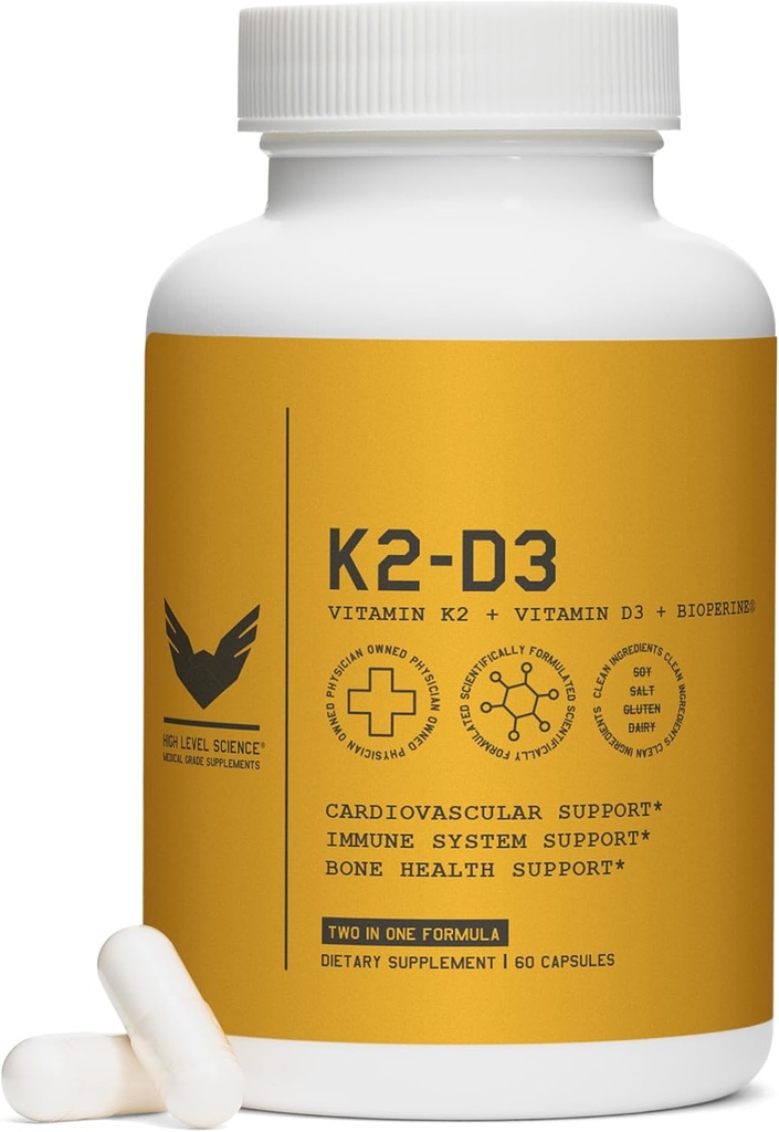 Υψηλής στάθμης K2D3, βιταμίνη K2 & D3 συμπλήρωμα με BioPerine Black Pepper, Dual Action Complex για την καρδιά, τα οστά, την ανοσοποιητική υποστήριξη, 5000 IU D3, 100 mcg K2, χορτοφάγους, 60 κάψουλες λαχανικών