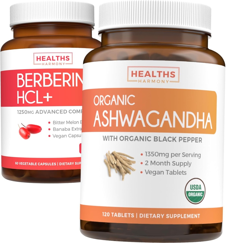 Save $4 (11% Off) - Buy Organic Ashwagandha & Berberine HCL+ - Nature's Synergy Duo - Berberine (60 Capsules) - Organic Ashwagandha Root Powder 1350mg Serve (120 Tablets) Natural Adrenal Help