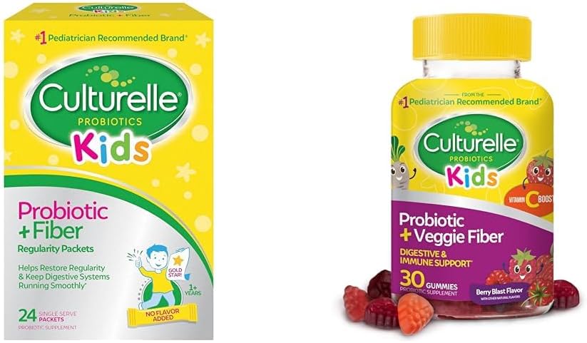 Culturelle Kids Probiyotik + Fiber Packets (Ages 3+) - 24 Count - Digestive Health & Immune Support & Daily Probiyotik for Kids + Veggie Fiber Gummies (Ages 3+) - 30 Count