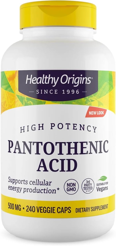 Sağlıklı Origins Premium Vitamin B5 Pantothenic Acid 500 mg Vegan Capsules, High Strength, Enerji Boost ve Metabolism Desteği, Tiredness & Fatigue, Skin Care için Acne Supplement, White, 240 Count