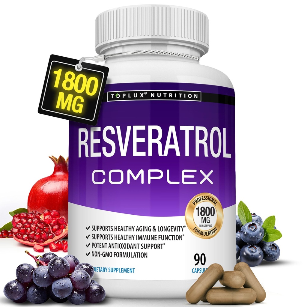 Resveratrol 1800 mg Antioksik Kompleksi - Sağlıklı Ağlama için Yüksek Potent Doğal Trans-Resveratrol Pills, Genel Sağlık Desteği, Immune System, Brain Function, for Men Women, 90 Capsules