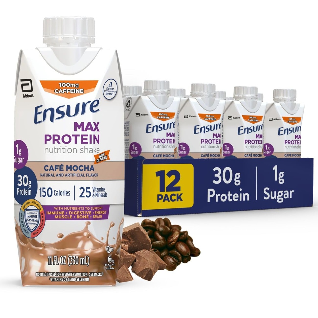 Εξασφαλίστε Max Protein Cafe Mocha Nutrition Shake 30g Protein, 1g Sugar, 4g Fiber Blend 12 Συσκευασία