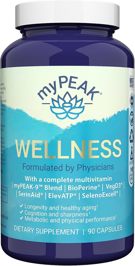 MyPEAK Wellness Award-Winning Vegan Multivitamin με ElevATP Aρχαίο εκχύλισμα τύρφης, Φυσική Ασταξανθίνη, σίδηρο, ρεσβερατρόλη και Alpha GPC, Ανοσιότητα Booster, All-in-One για άνδρες και γυναίκες, 90 Count