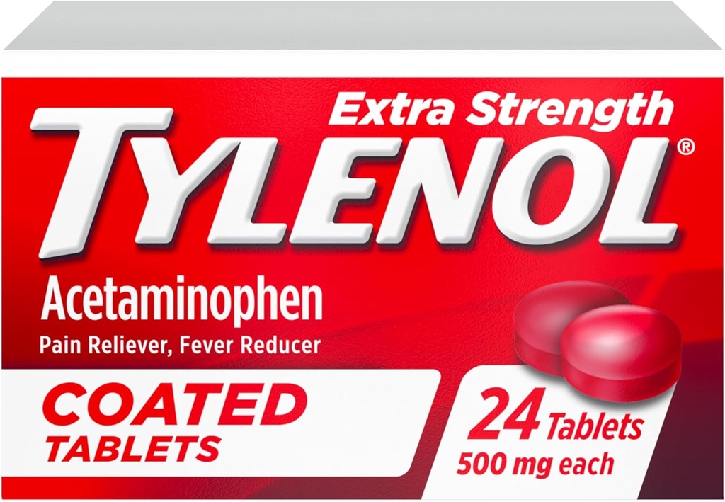 Tylenol Ekstra Güçlü Ağrı Reliever & Ateşleme, Yuvarlak Kaplama Tabletleri, 500 mg Acetaminophen Pain Relief Pills for Headache, Toothache & Minor Arthritis Pain, 24 ctt