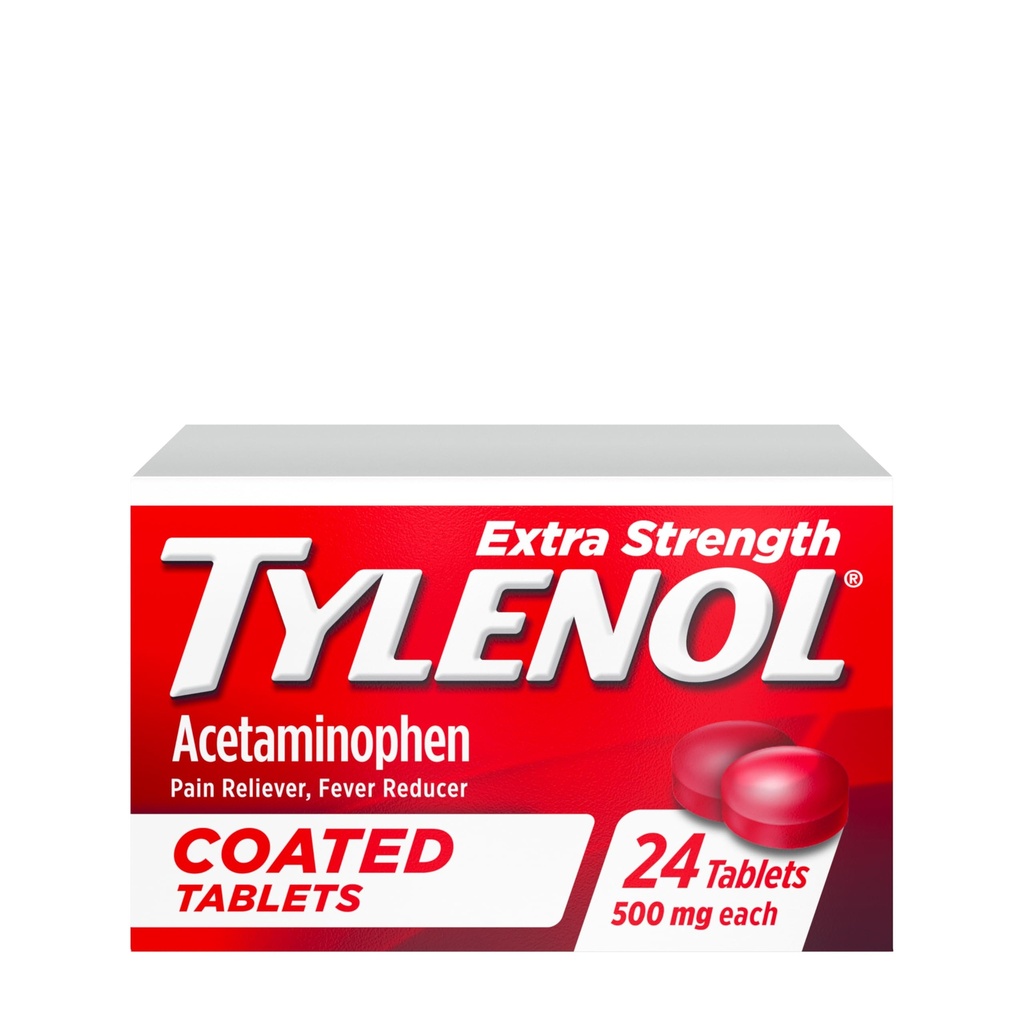 Tylenol Ekstra Güçlü Ağrı Reliever & Ateşleme, Yuvarlak Kaplama Tabletleri, 500 mg Acetaminophen Pain Relief Pills for Headache, Toothache & Minor Arthritis Pain, 24 ctt
