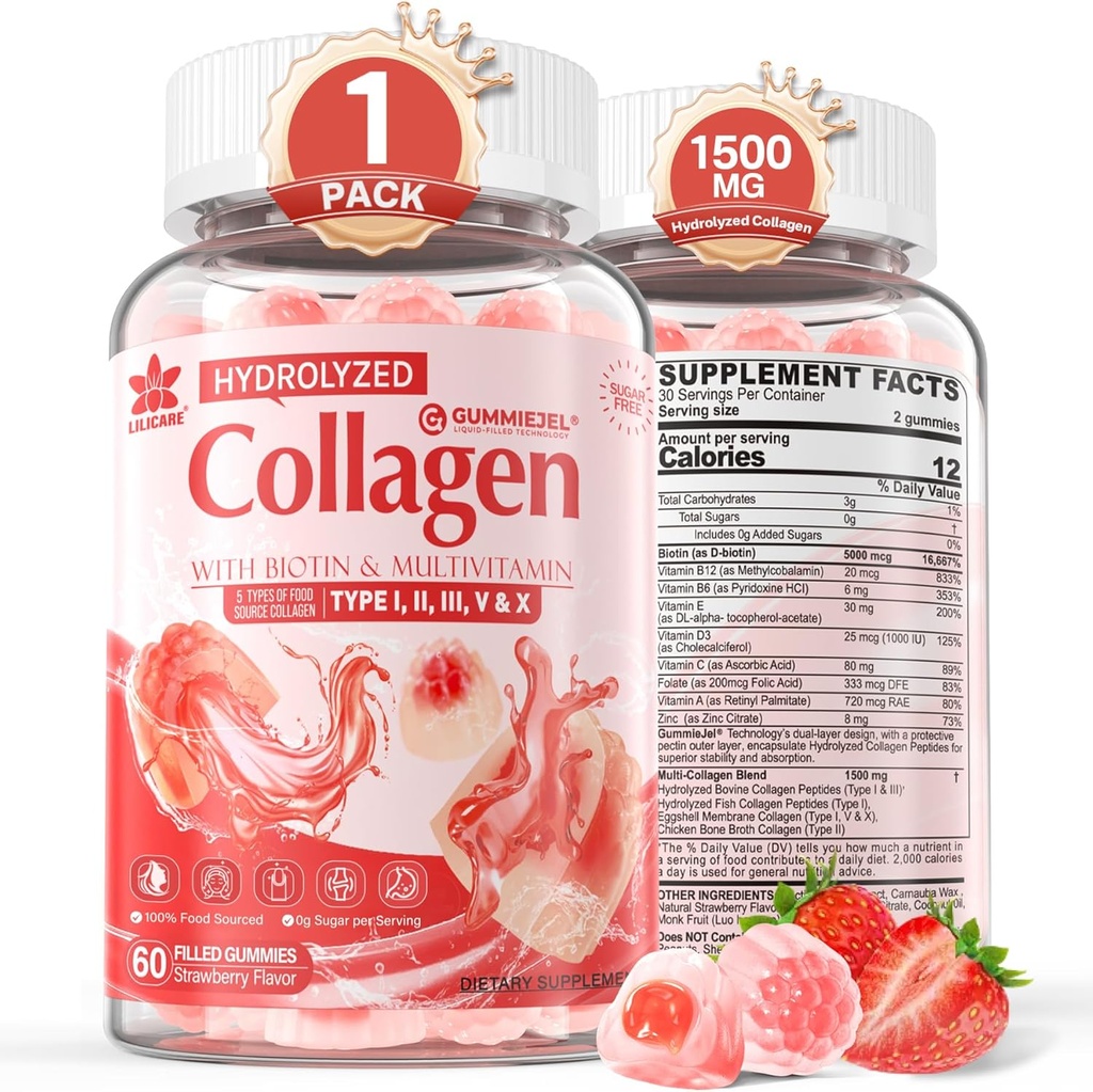 Collagen Peptide Gummies for Women & Men Sugar-Free, Multi Collagen Hydrolyzed w/ 1500 mg Protein Tip I,II,III,V,X, 5000 Telefon Biotin, Metilated B12, Vitamin C A E D3 B6 for Skin Hair Nails, Bone, 60Cts
