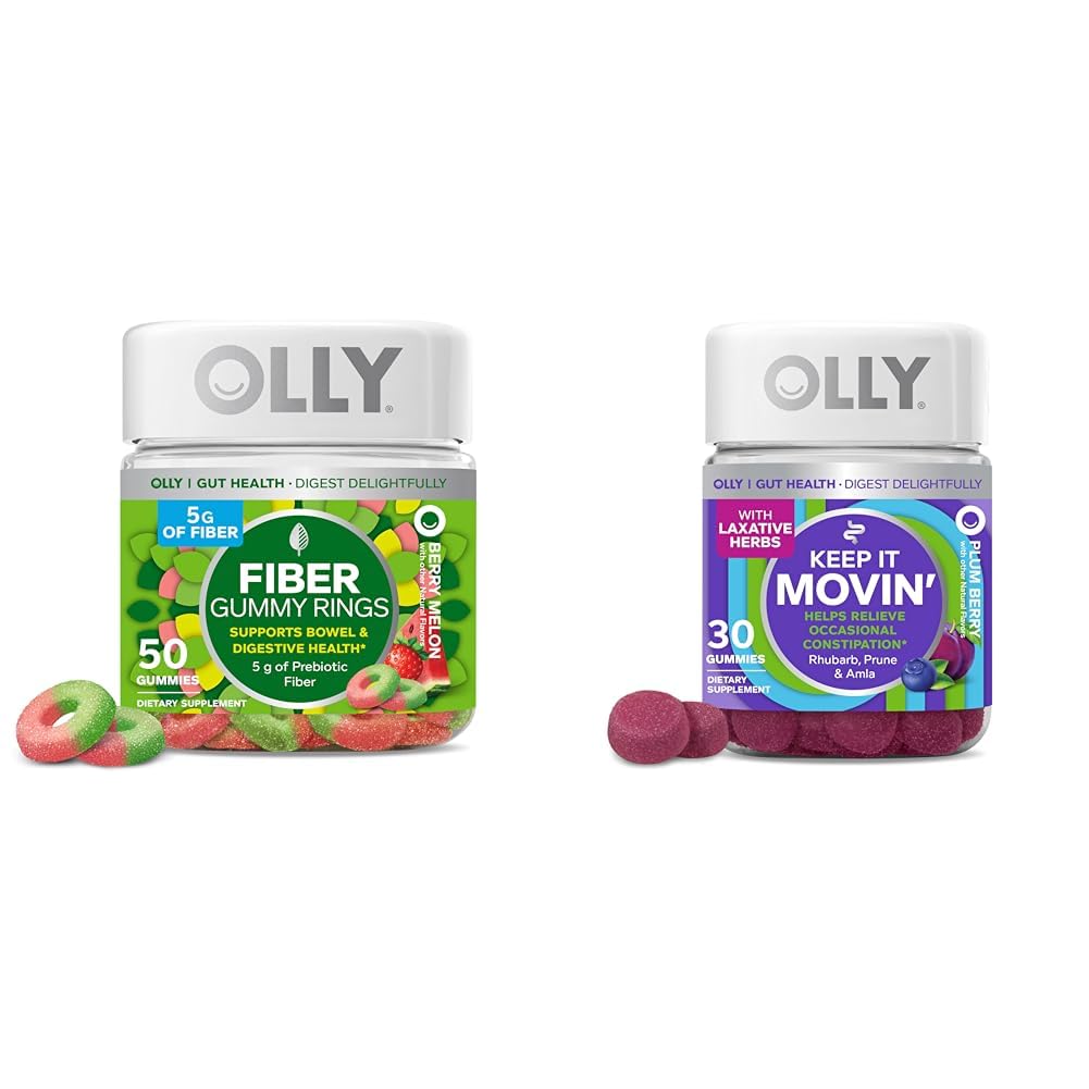 OLLY Fiber Gummy Ring, 5g Prebiyotik Fiber, FOS (Fructo-oligosaccharides), Digestive Support, Berry Melon 50ct & Keep it Move Constipation Relief, Rhubarb, Prunes, Amla - Plant Berry Flavor - 30ct