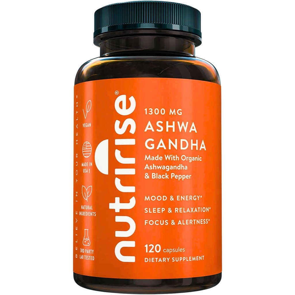 NutriRise Organic Ashwagandha Root Capsules with Black Pepper, 1300 mg, Natural Stress & Mood, Thyroid, and Immune Support Supplement, Clarity, Focus & Energy, Gluten Free, 120 Kont