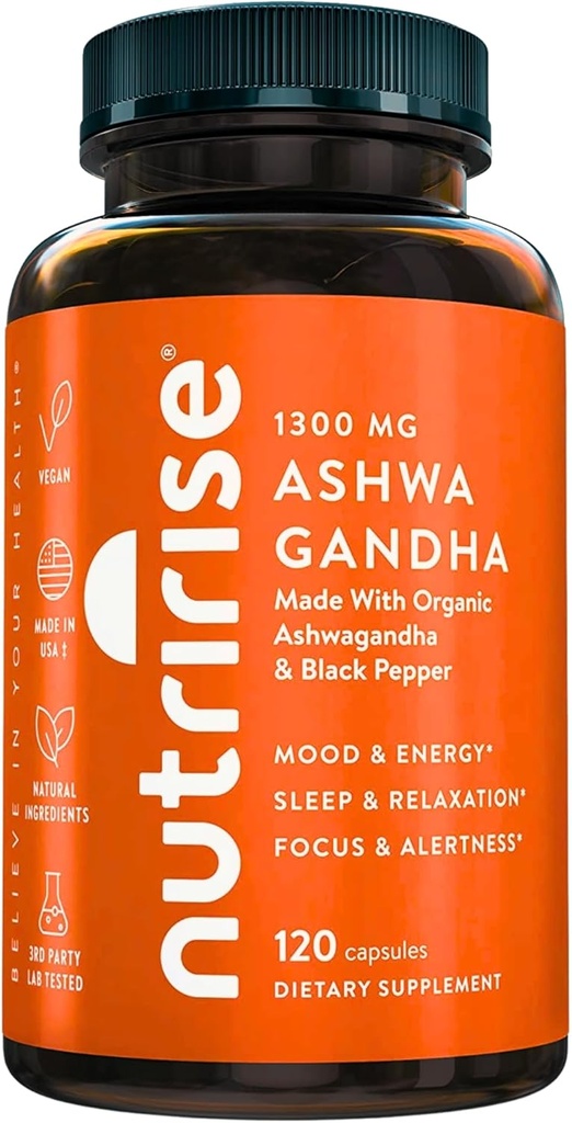 NutriRise Organic Ashwagandha Root Capsules with Black Pepper, 1300 mg, Natural Stress & Mood, Thyroid, and Immune Support Supplement, Clarity, Focus & Energy, Gluten Free, 120 Kont