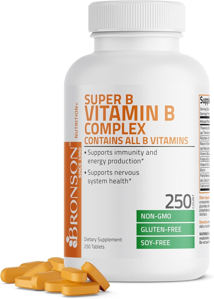 Bronson Vitamin B Kompleksi (Vitamin B1, B2, B3, B6, B9 - Folic Acid, B12), 250 Tablet