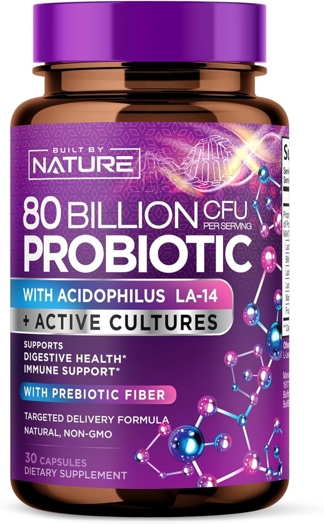 80 Milyar CFU Probiyotik - Erkekler ve Kadınlar için Günlük Digestive Gut Health Supplement - Lactobacillus asitofilius, Bifidobacterium & Prebiyotiks - Non-GMO, Gluten & Dairy Free, Raf-Stable - 30 Capsules