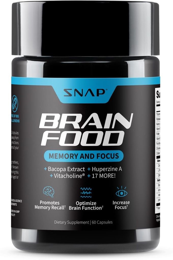 Συμπληρώματα Snap Brain Booster Nootropics συμπλήρωμα για τη μνήμη, εστίαση & σαφήνεια, εκχύλισμα Bacopa, Ginkgo Biloba, 60 κάψουλες
