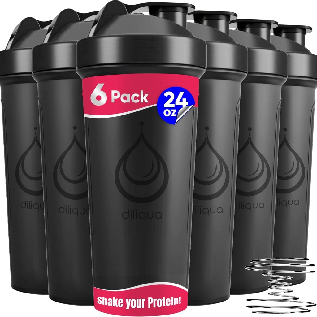 6 PACK, Shaker Bottles with Wire Whisks for Protein Mixes | Leakproof Blender Shaker Bottle Pack | BPA-Free & Dishwasher Safe | 6 24 oz shaker bottles | Shaker Cups for shakes