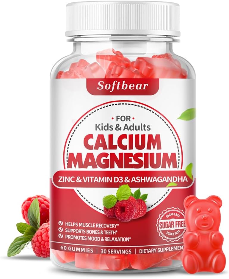 softbear Ασβέστιο Μαγνήσιο Ψευδάργυρος Gummies για τις γυναίκες, ασβέστιο Μαγνήσιο συμπλήρωμα με βιταμίνη D3 για τη δύναμη των οστών, Vegan / χωρίς ζάχαρη, σμέουρων άρωμα 60 Count