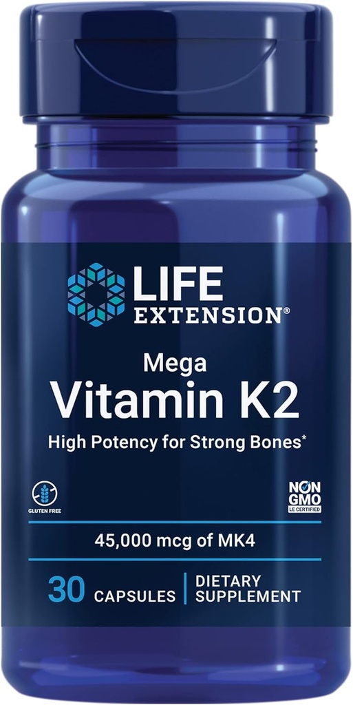 Life Extension Mega Vitamin K2 High Potency for Strong Bones, clinically Studied 45 mg K2 Dosage, Promotes Healthy Bone Density, Gluten-Free, Non-GMO, 30 Capsules