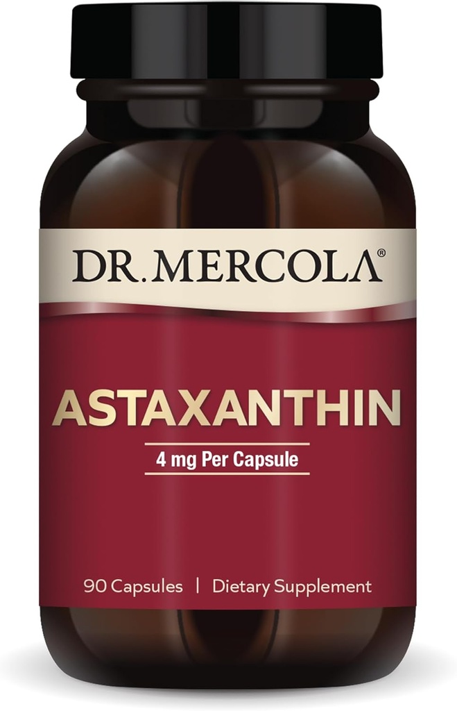 Dr. Mercola Organic Astaxanthin - 4 mg Ασταξανθίνη - Ισχυρή Αντιοξειδωτική Υποστήριξη - Βιολογικό εκχύλισμα μικροφυκών - Μη ΓΤΟ, Χωρίς Γλουτένη & Χωρίς Σόγια - 90 κάψουλες (90 σερβιρίσματα)