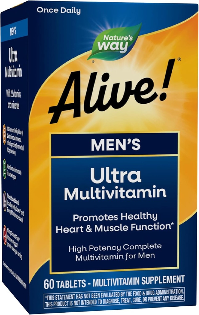 Doğanın Yolu Alive! Erkeklerin Günlük Ultra Multivitamin, Yüksek Potency Formula, Kalp ve Kas Fonksiyonlu*, Metilated Vitamin B12, Gluten Free, 60 Tabletler