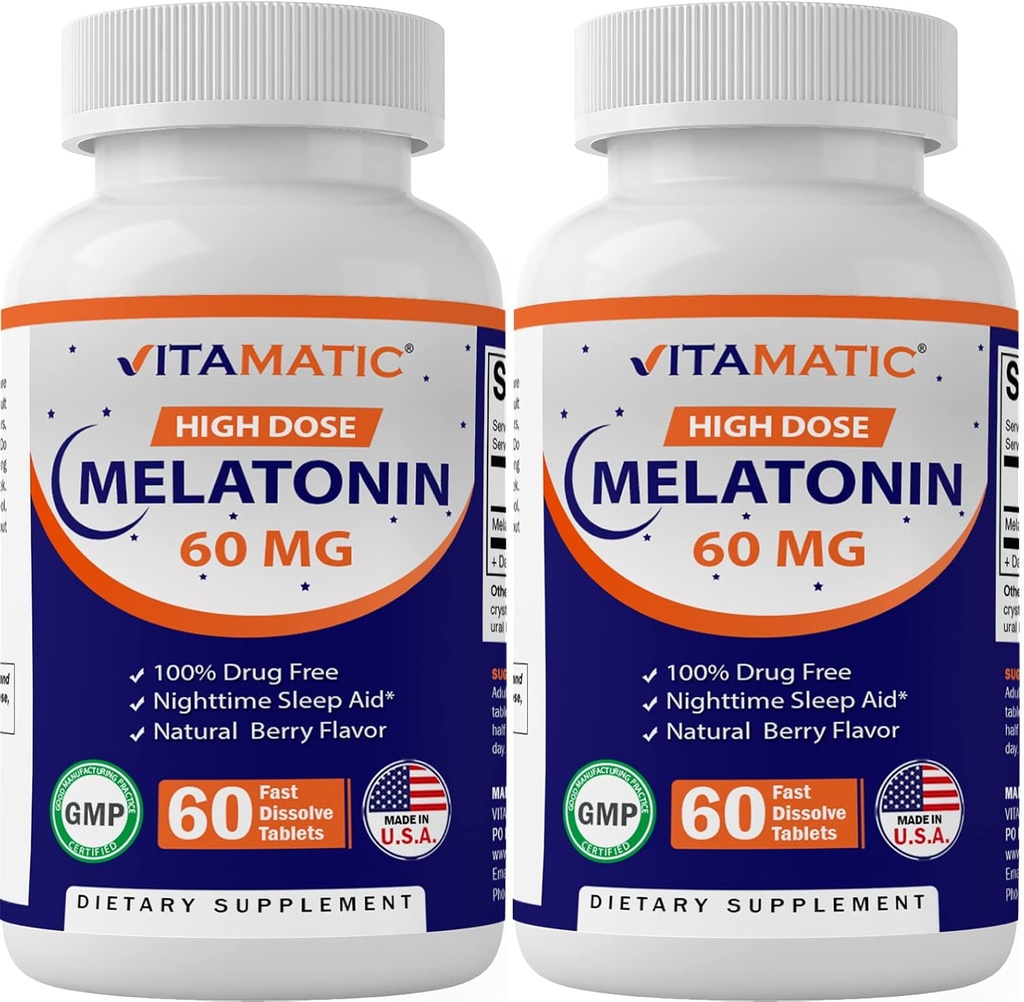 Vitamatic Melatonin 60 mg Fast Dissolve Tabletleri - 60 Vegan Natural Berry Flavor Tabletler - Non-GMO, Gluten Free (2 Şişeler)