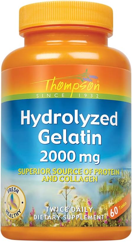 Thompson Hydrolyzed Gelatin 2000mg - Beef Gelatin Κάψουλες, Βοοειδή που προέρχονται από κολλαγόνο, πρωτεΐνη και ασβέστιο για γυναίκες και άνδρες, Ενισχυμένη απορρόφηση - 60 δισκία