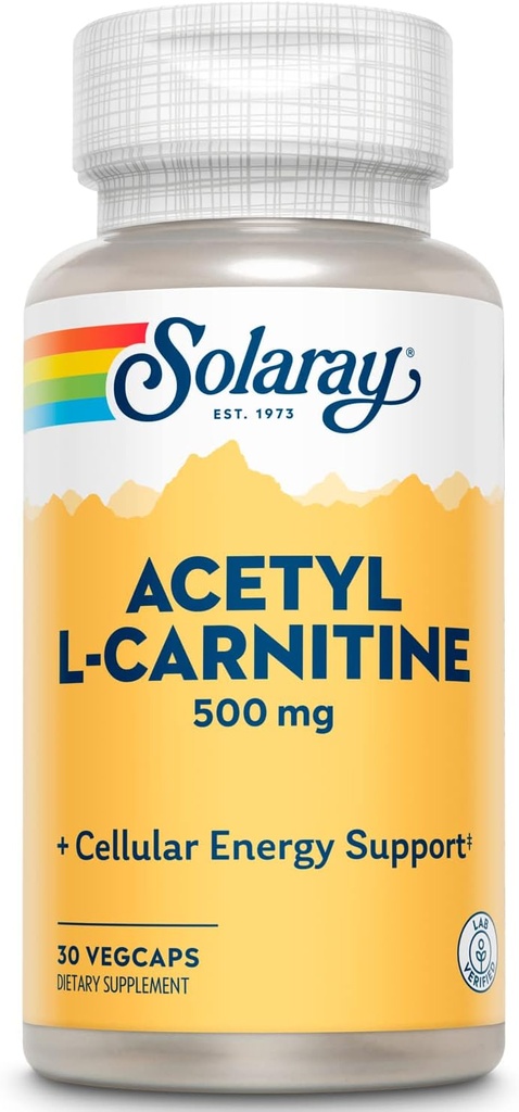 SOLARAY Acetyl L-Carnitine 500 mg | Sağlıklı Hücre Enerji, Hafıza, Mood ve Cardiovascular Destek | 30 VegCapscular Destek | 30 VegCaps