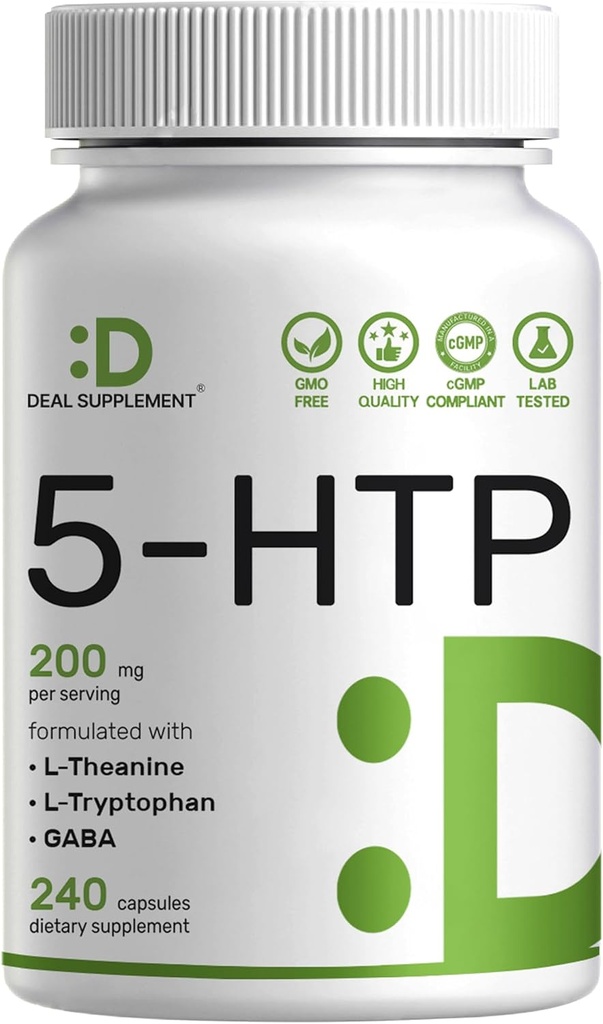 Deal Supplement 5HTP 200 mg Per Service, 240 Capsules,% 98 Afrika Türlü Griffonia Tohum alıntı | 4 in 1 Formula | Plus Active L Theanine, L Tryptophan, & GABA | Rahatlama Desteği Tamam