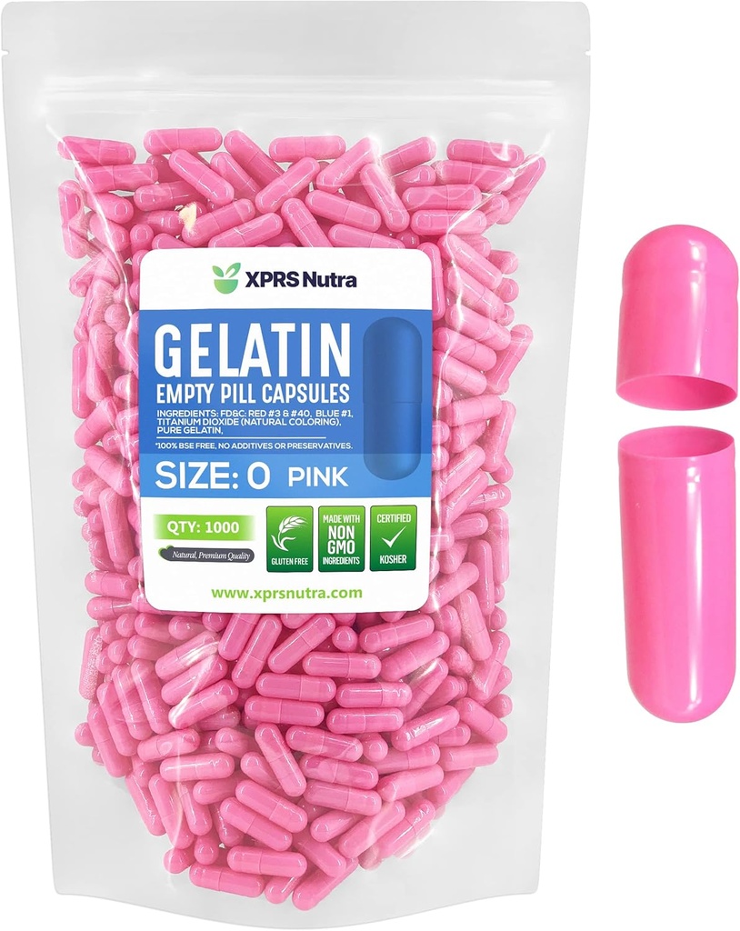 XPRS Nutra Boyutu 0 Boş Kapsüller -1000 Kont Boş Gelatin Capsules - Pills DIY Capsule - Pure Bovine Pill Gel Caps For Do-It- Yourself Supplements (Pink)