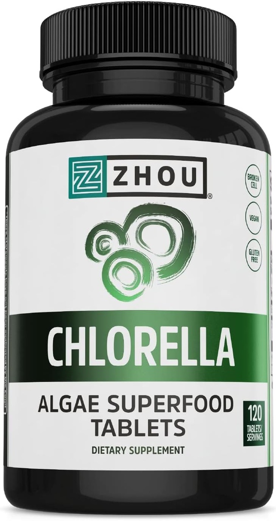 Zhou Chlorella Tabletleri - Chlorella Supplement, Chlorophyll Vitaminleri, Pure Green Algae Superfood, Nutrient Rich Super Food Pills, Broken Cell Wall - 120 Vegan Tabletler
