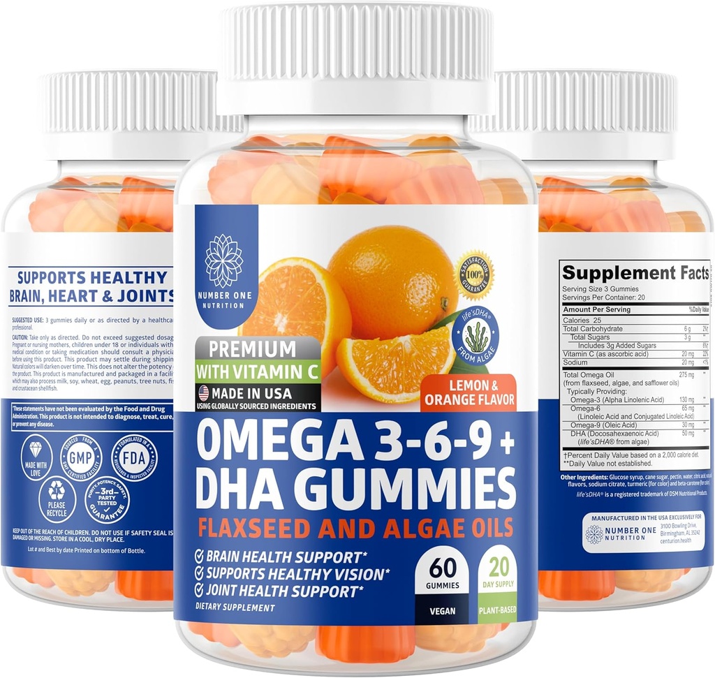 N1N Premium Omega 3 6 9 + DHA Gummies [Vegan, Plantive] Doğal Beyin, Immunity ve Ortak Sağlık Desteği C, 60 Gummies