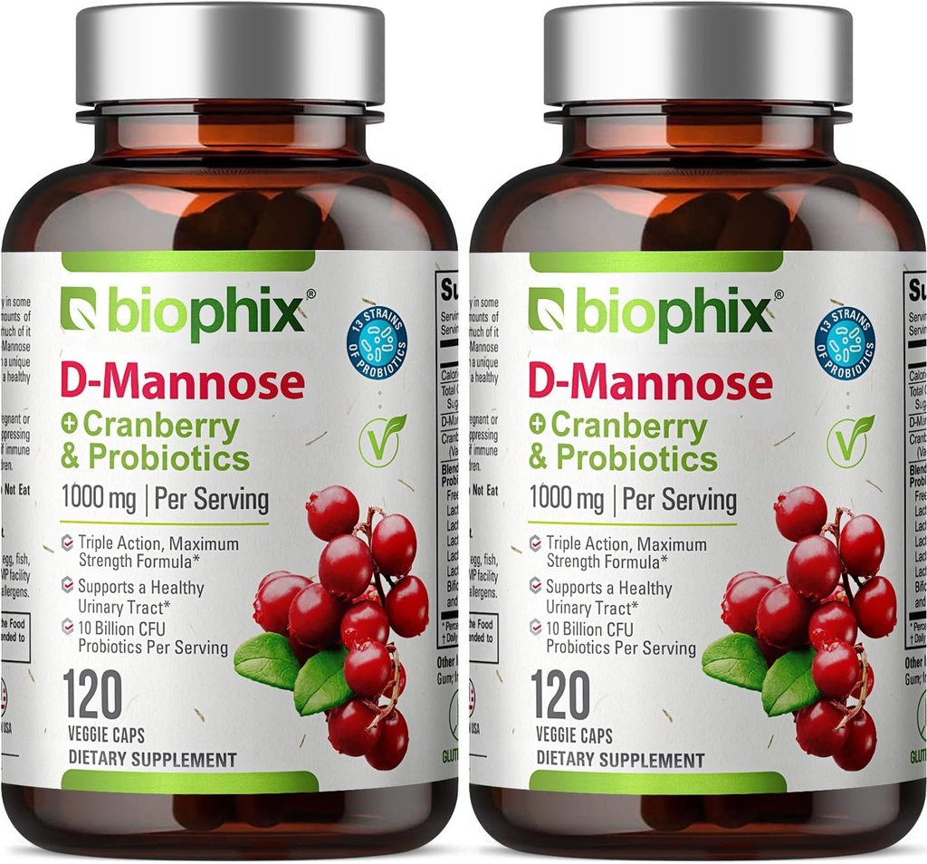 biophix D- Mannose 1000mg κάψουλες με Cranberry & Probiotics - D Mannose συμπληρώματα για τις γυναίκες - D-Mannose χάπια για την ουρική Φυλλαδική & Bladder Υγεία Υποστήριξη - Digestive Well-Being - 120 Vcaps 2 Συσκευασία