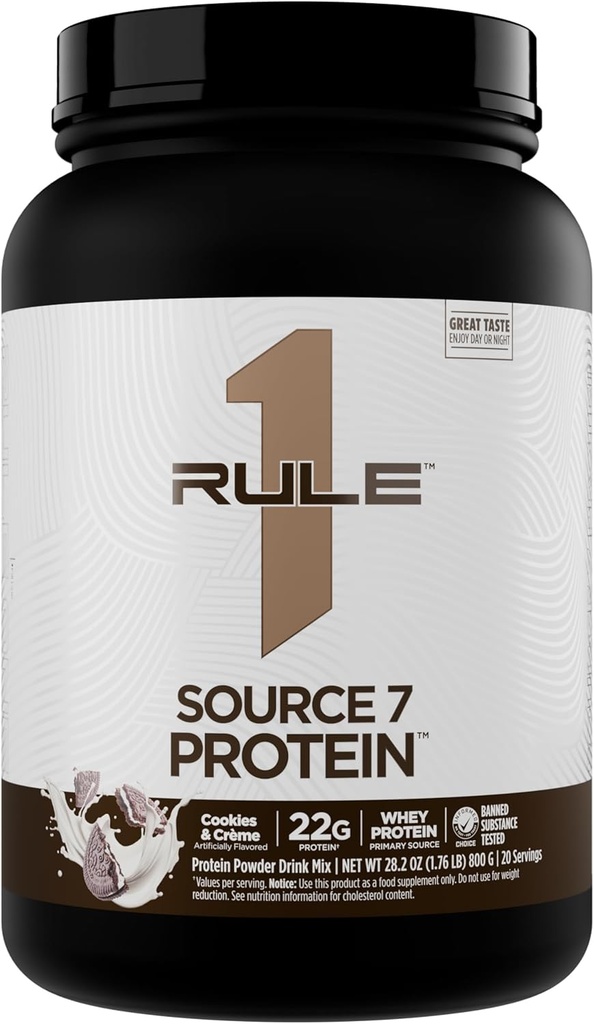 Rule 1 Source 7 Protein – Decadent Flavor, Velvety Smooth Texture, 22g Anytime Protein, and 10g Naturally Occurring EAAs Per Serving from 7 Premium Sources (1.8 Pounds*, Cookies & Cream)