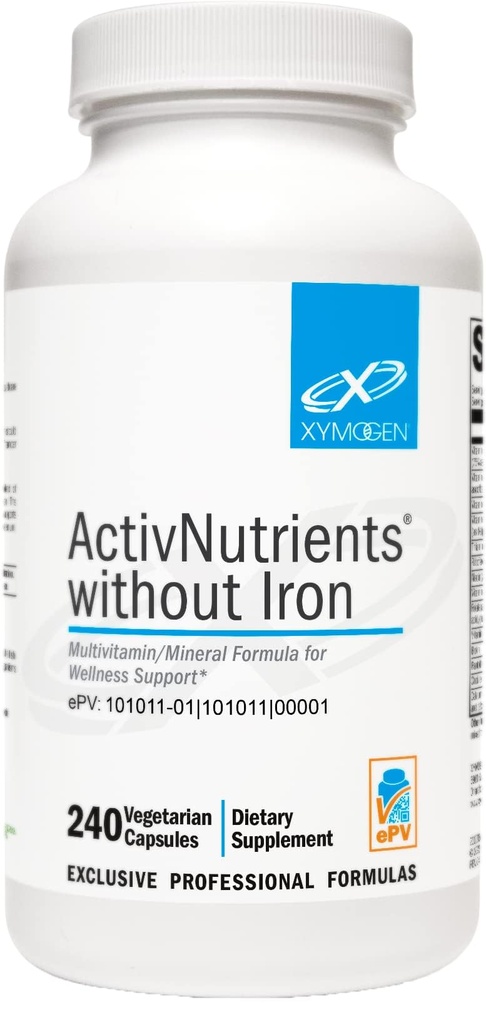 XYMOGEN ActivNutrients Without Iron - Multivitamin Multimineral for Wellness, Immune, Energy and Mood Support - Χηλικά Ορυκτά + Ενεργές Βιταμίνες Β με Φολικό (240 Κάψουλες)