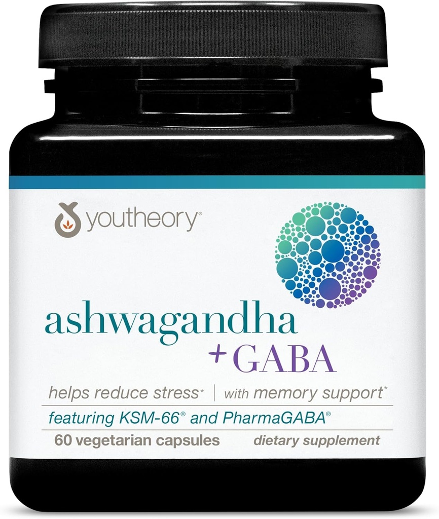 Youtheory Ashwagandha + GABA - Organik KSM-66-1.000 mg Ashwagandha & 100 mg GABA - Cortisol, Enerji, Stres ve Hafıza Desteği Tamam - 60 Vegetarian Capsules (30-Day Supply)