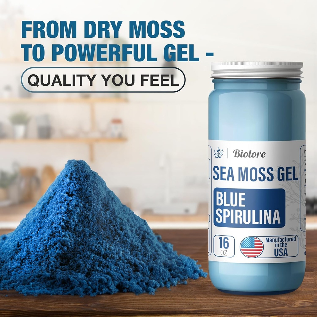 Biolore Sea Moss Gel - Blue Spirulina 16oz, Wildcrafted Irish Seamoss with Essentials & Trace Minerals, Vegan Superfood ABD'de Yapıldı