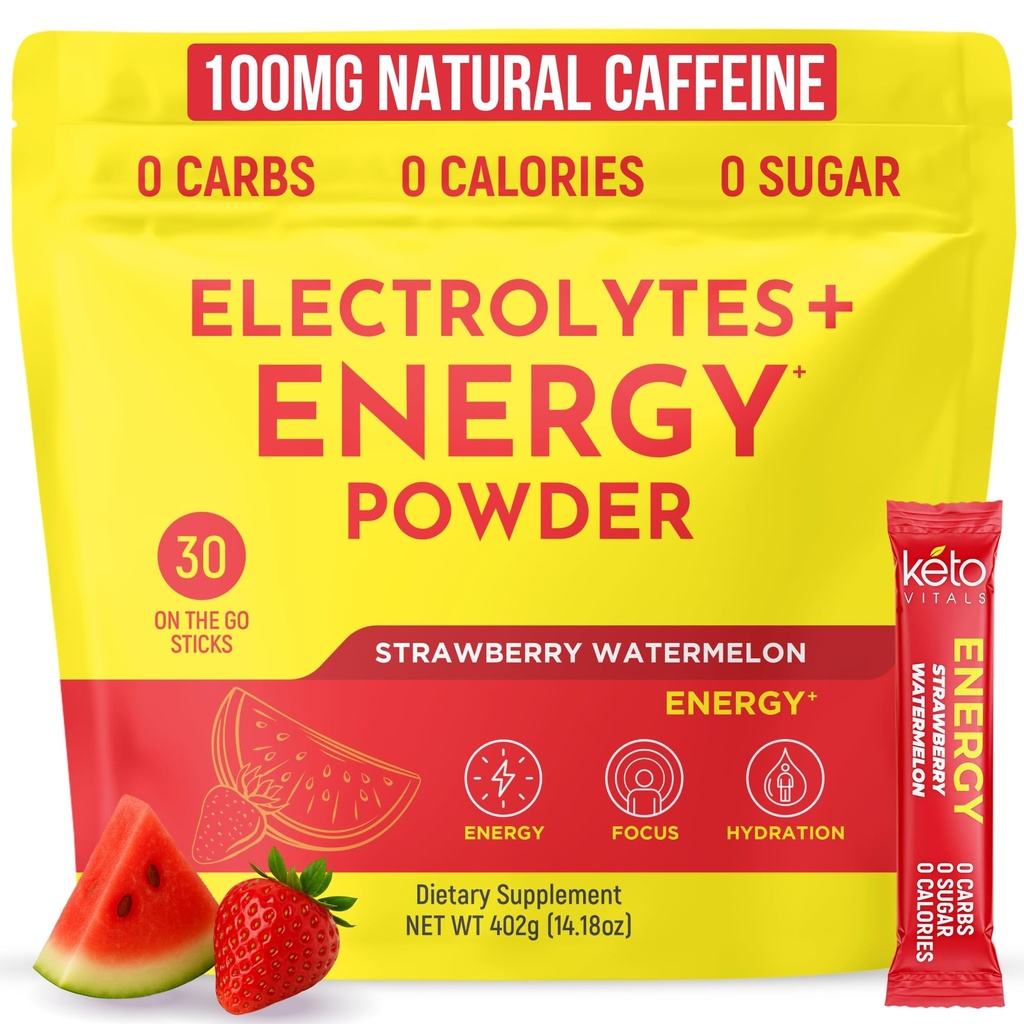 Keto Vitals Electrolyte Energy Drink Toz Paketleri - Enerji ve Rehidrasyon için Elektrolyte Supplement - Strawberry Watermelon Keto Toz Paketleri, 30 Kont