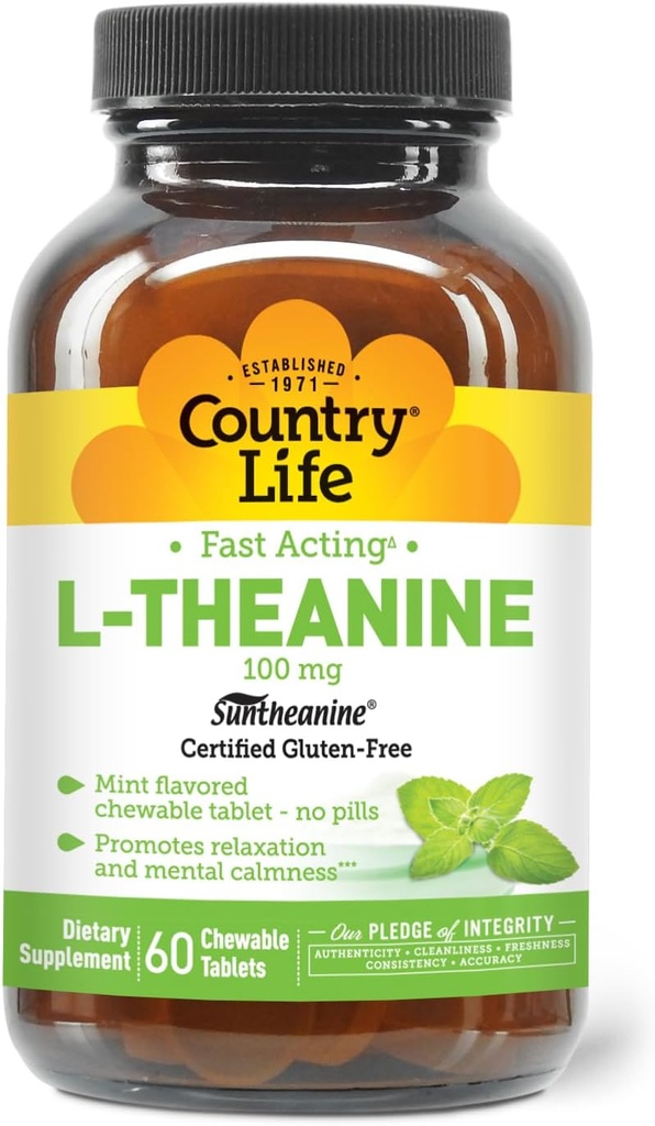 Country Life L- Theanine Fast-Acting 100mg, 60 Μασώμενα δισκία, με γεύση μέντας, πιστοποιημένη χωρίς γλουτένη, πιστοποιημένη Vegan
