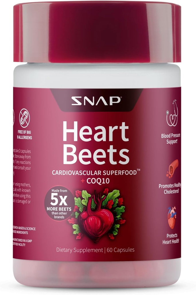 Συμπληρώματα Heart Beets κάψουλες με CoQ10, Cardiaγγειακό συμπλήρωμα υποστήριξης για άνδρες και γυναίκες, Superfood Made with 5X More Beets, Heart Health, Circulation & Cholesterol Support, 60 κάψουλες