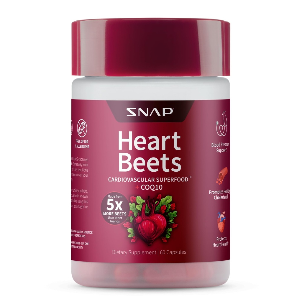 Snap Supplements Heart Beets Capsules with CoQ10, Cardiovascular Support Supplement for Men & Women, Superfood 5X More Beets, Heart Health, Circulation & Cholesterol Support, 60 Capsules